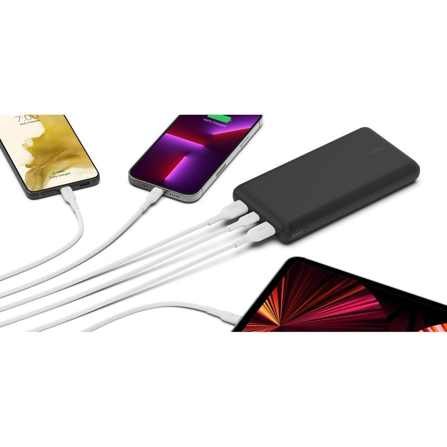 Belkin 15W 3-port USB Power Bank - 20K mAh - 2xUSB-A (12W), 1xUSB-C (15W) - Portable Charger - w/ USB-A to USB-C Cable - Black - BPB012btBK