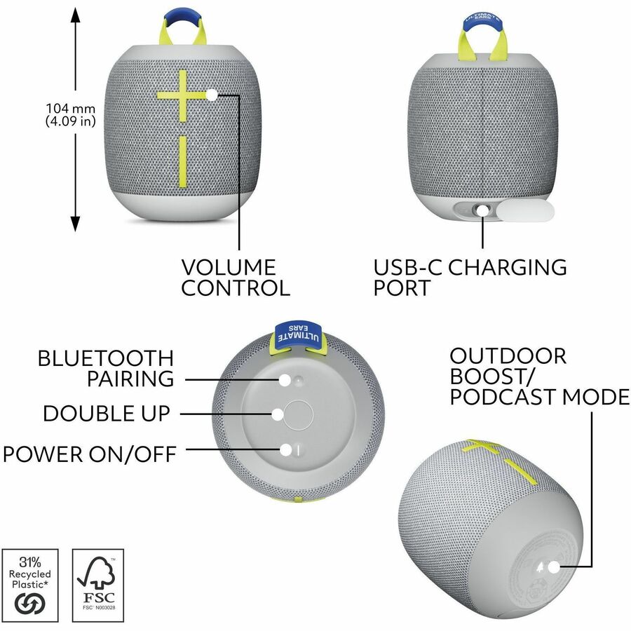 Ultimate Ears WONDERBOOM 4 Portable Waterproof Bluetooth Speaker With Big Bass and 360-Degree Sound, Dustproof Floating Speaker With 131ft (40m) Range, Gray - 984-001879