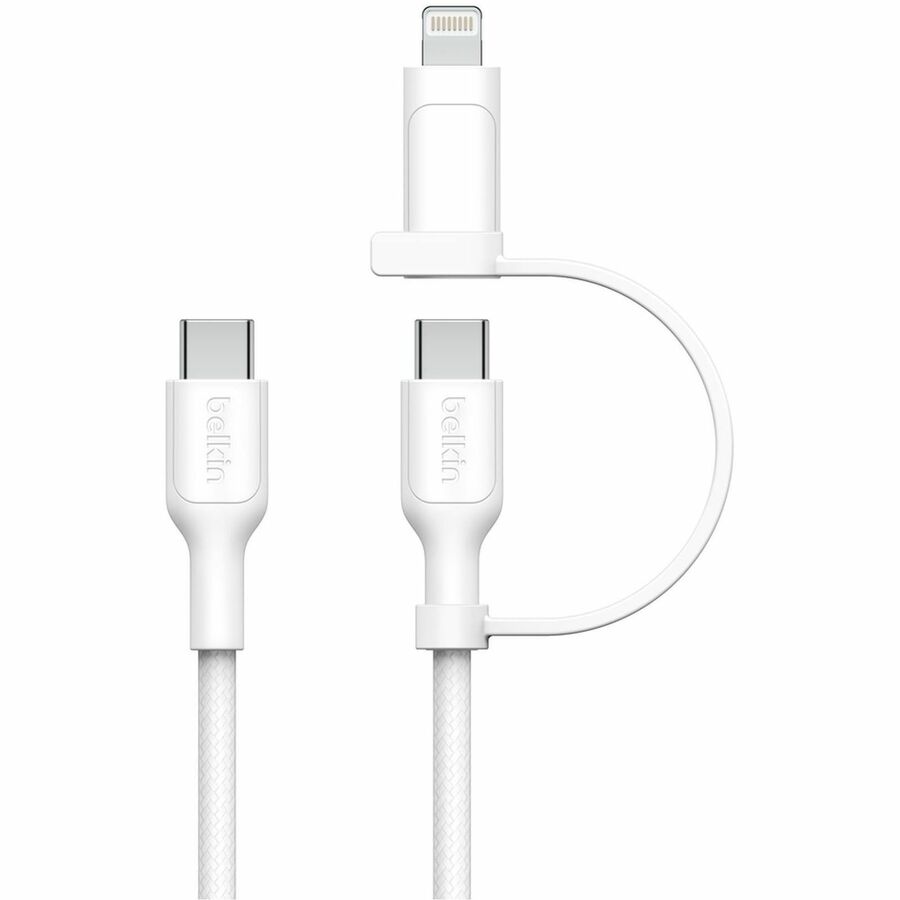 Belkin 60W 2-in-1 USB-C to USB-C and Lightning Cable - 480 Mbps - Braided - M/M - 5ft/1.5m - White - CAC003fq1.5MWH