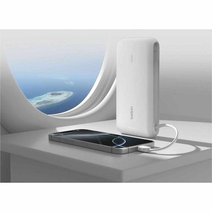 Belkin 30W 2-port Power Bank w/ Integrated USB-C Cable - 20K mAh - 1xUSB-A, 1xUSB-C - Portable Charger - White - BPB024fqWH