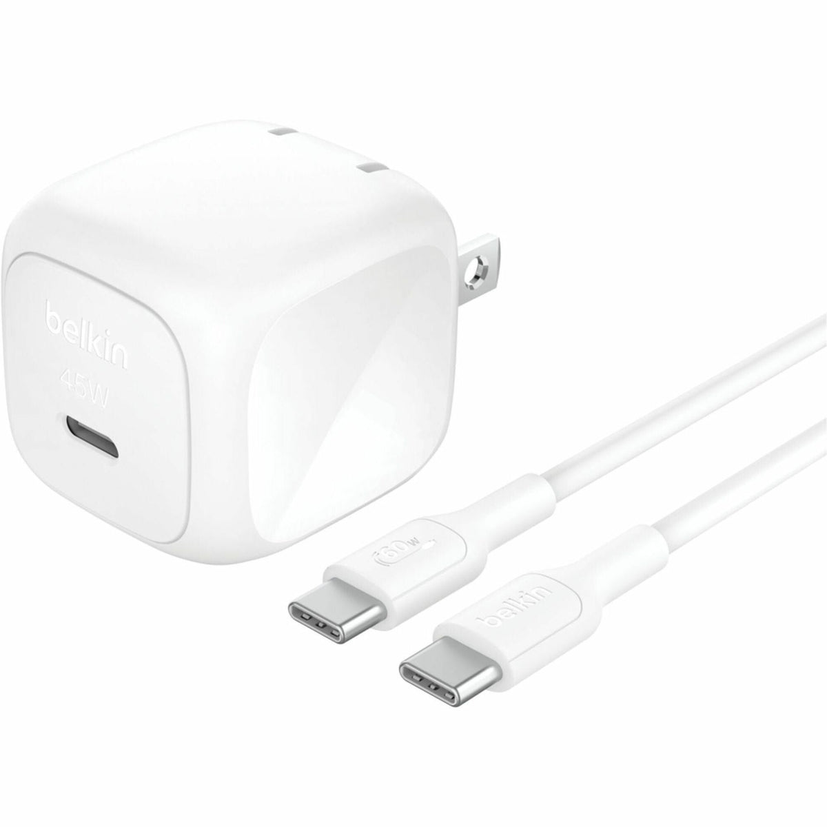Belkin 45W Portable Cubic USB-C Wall Charger w/ USB-C Cable - 1xUSB-C - Foldable Prongs - Fast Charge - Power Adapter - White - WCA013dq1MWH-B6
