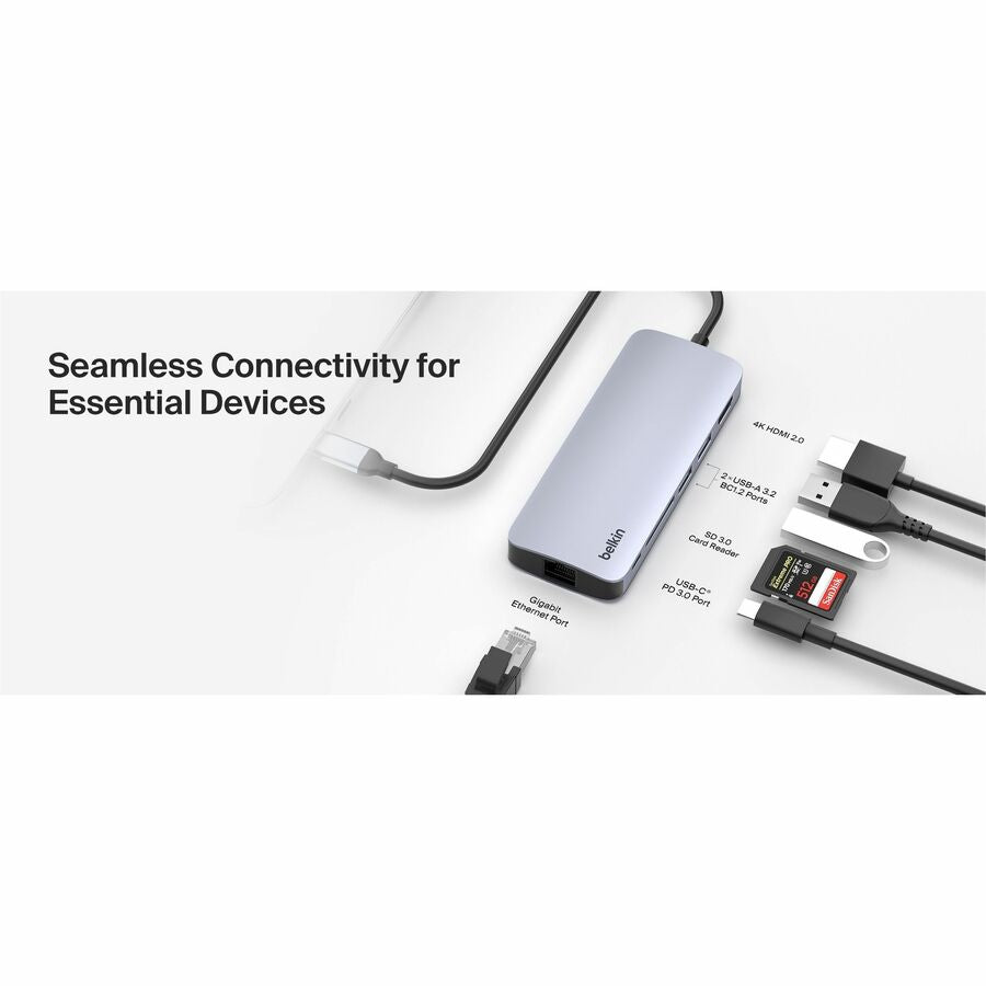 Belkin 6-Port USB-C Hub - USB-C to 2xUSB-A, 1xUSB-C, 1xEthernet, 1x8K HDMI, 1xSD Reader - Docking Station - Grey - AVC008fqSGY-V2