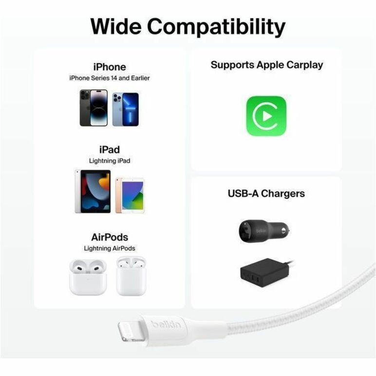 Belkin Braided USB-A Cable with Lightning Connector, 6.6ft/2m, White - CAA020fq2MWH
