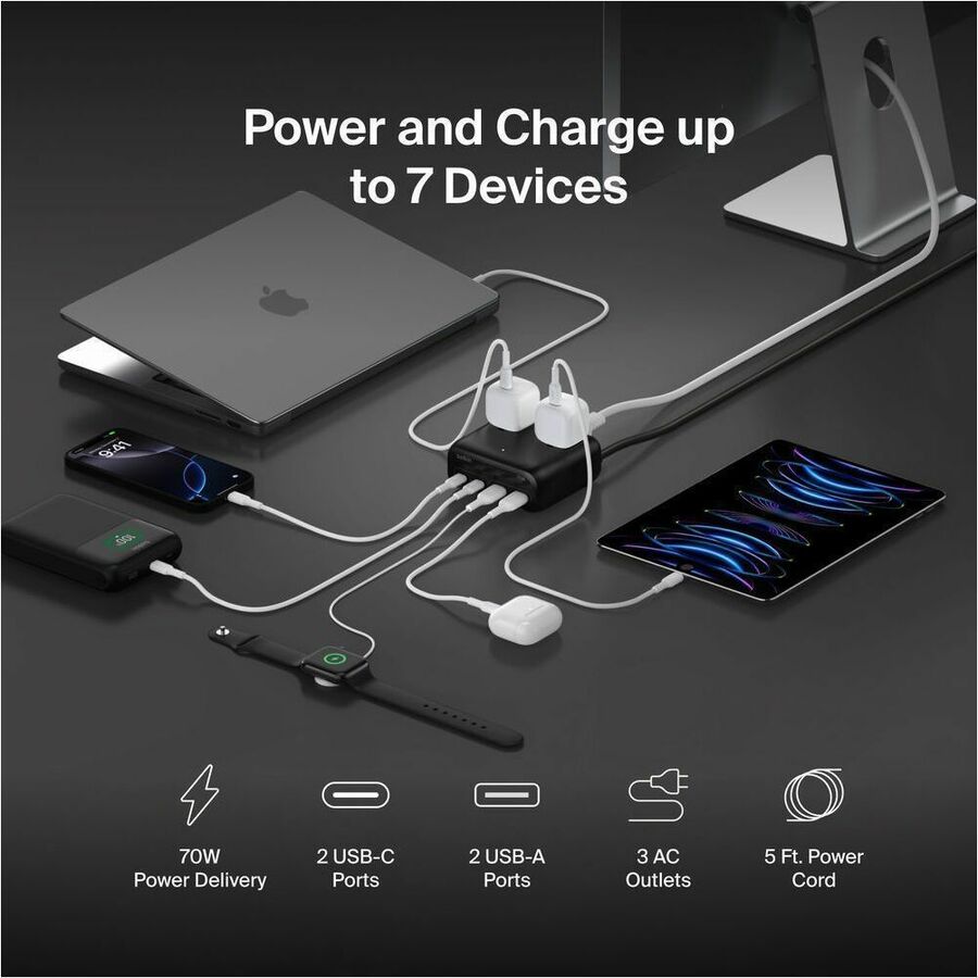 Belkin 3-Outlet Charging Station w/ 2x USB-A & 2x USB-C Ports 70W - 5ft/1.5m Cord - Straight Plug - Black - SRZ001tt5