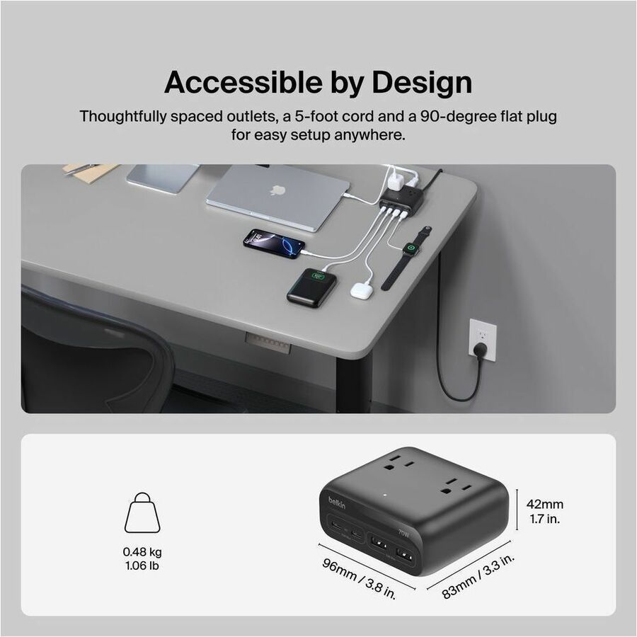 Belkin 3-Outlet Charging Station w/ 2x USB-A & 2x USB-C Ports 70W - 5ft/1.5m Cord - Straight Plug - Black - SRZ001tt5