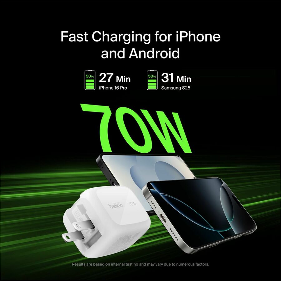 Belkin 70W GaN 3-Port USB Wall Charger - 1xUSB-A, 2xUSB-C - Foldable Prongs - Power Adapter - White - WCH018dqWH