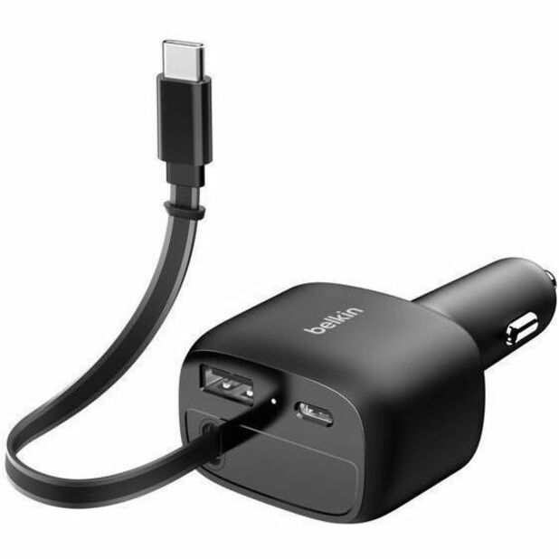 Belkin 75W Dual Port USB Car Charger - 1xUSB-A, 1xUSB-C w/ Retractable USB-C Cable - Black - CCC001fqBK