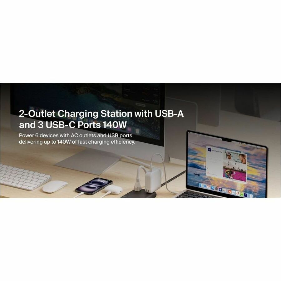 Belkin 2-Outlet Charging Station w/ 1x USB-A & 3x USB-C Ports 140W - 5ft/1.5m Cord - Straight Plug - Black - SRZ003tt5