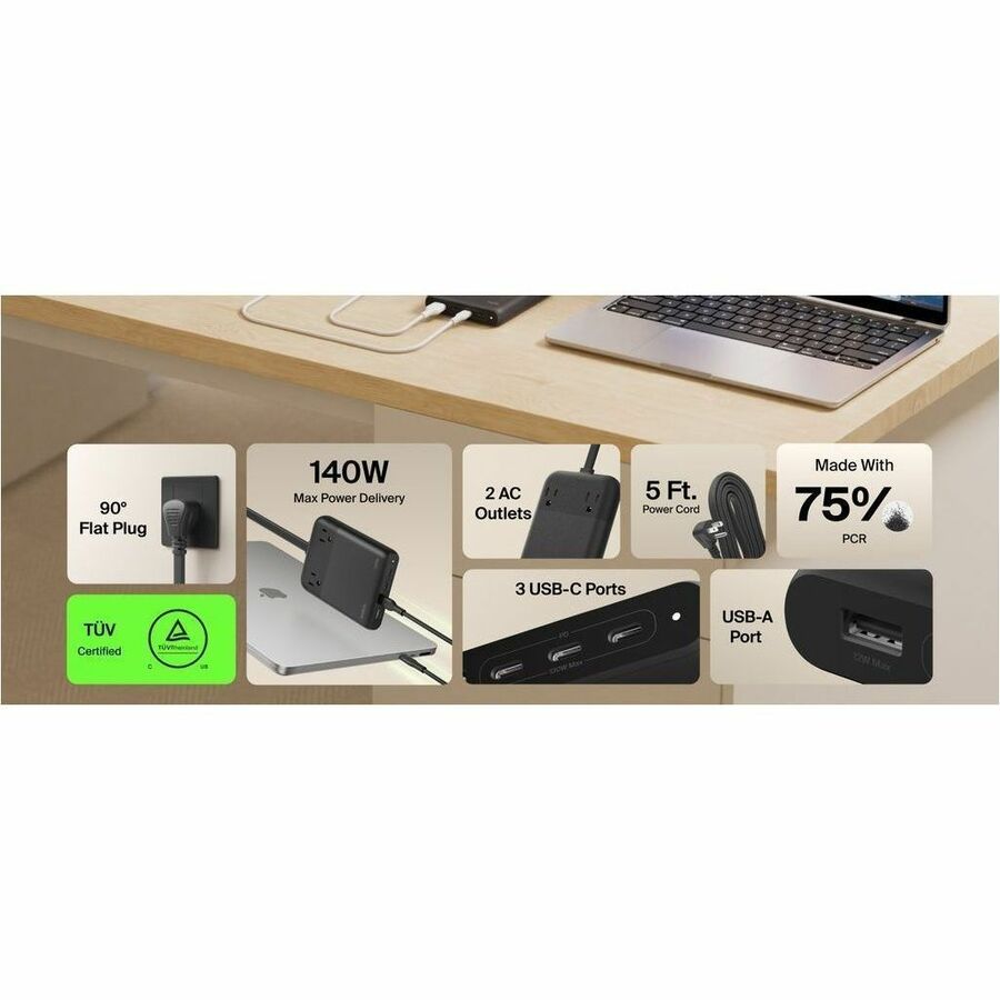 Belkin 2-Outlet Charging Station w/ 1x USB-A & 3x USB-C Ports 140W - 5ft/1.5m Cord - Straight Plug - Black - SRZ003tt5