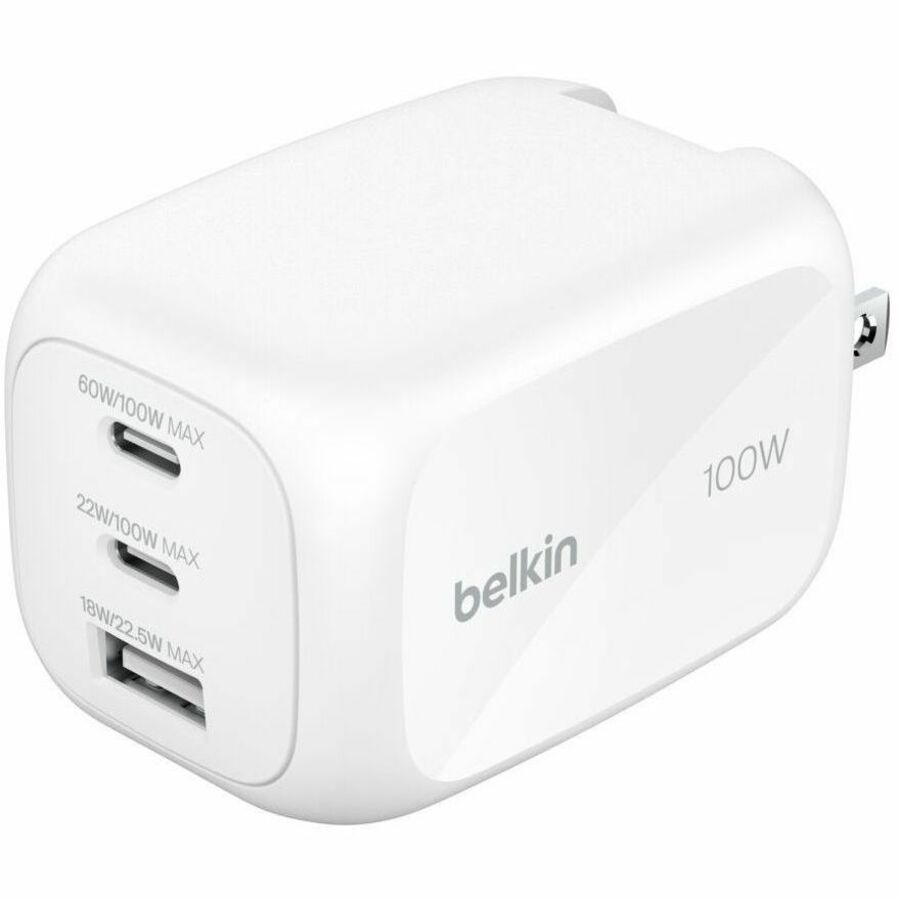 Belkin 100W GaN 3-Port USB Wall Charger - 1xUSB-A, 2xUSB-C - Foldable Prongs - Power Adapter - White - WCH016dqWH