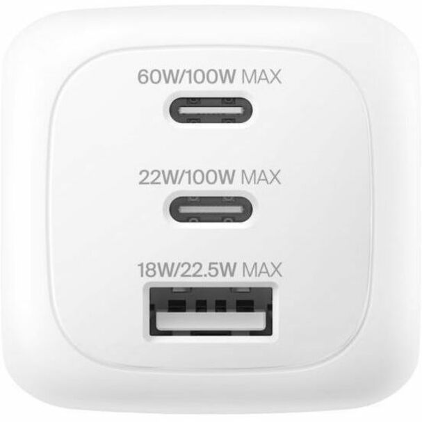Belkin 100W GaN 3-Port USB Wall Charger - 1xUSB-A, 2xUSB-C - Foldable Prongs - Power Adapter - White - WCH016dqWH