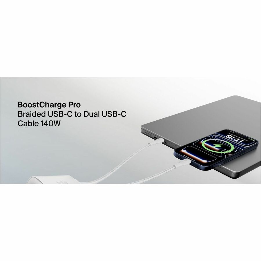 Belkin BoostCharge Pro Braided USB-C to Dual USB-C Cable 140W, White, 5ft/1.5m - CAC004fq1.5MWH