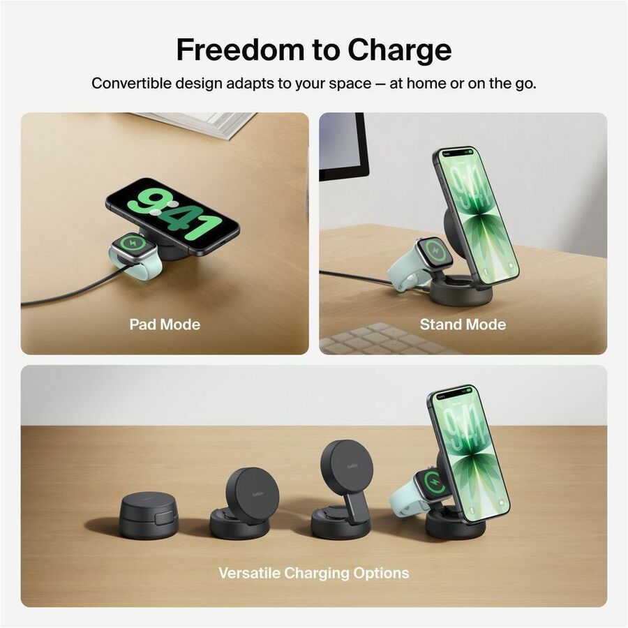 Belkin UltraCharge Pro 2-in-1 Convertible Magnetic Charger with Qi2 25W, Charcoal - WIZ043ttCH