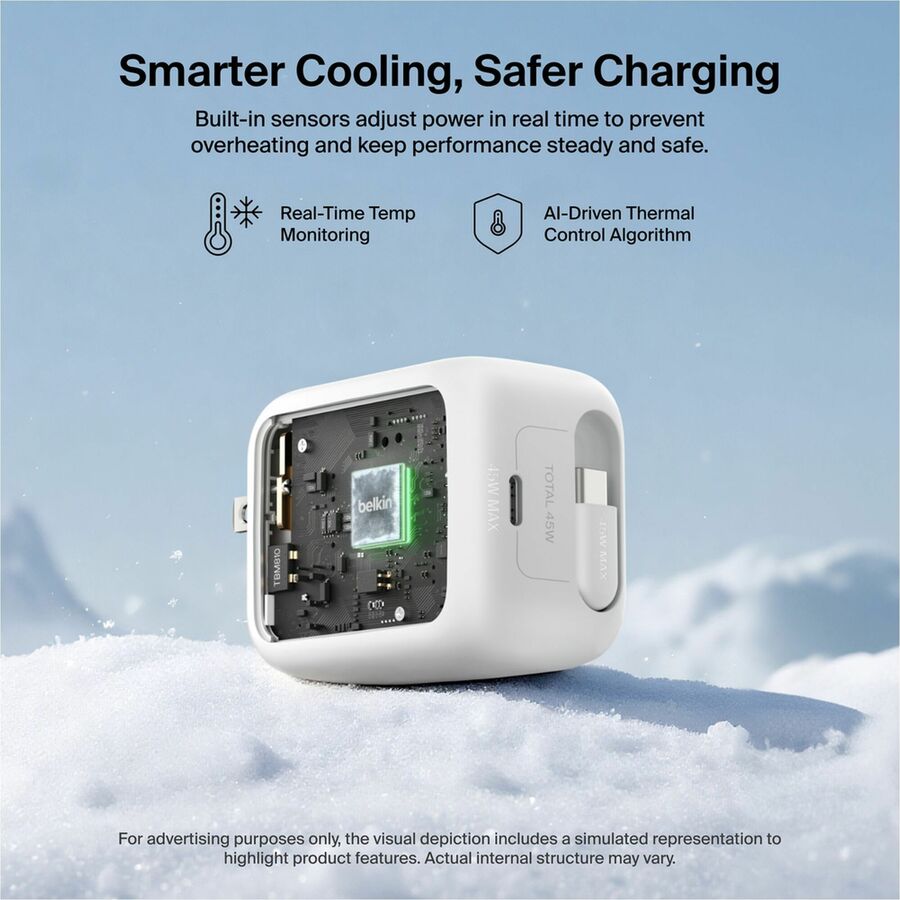 Belkin UltraCharge Retractable GaN Wall Charger 45W, White - WCH023dqWH