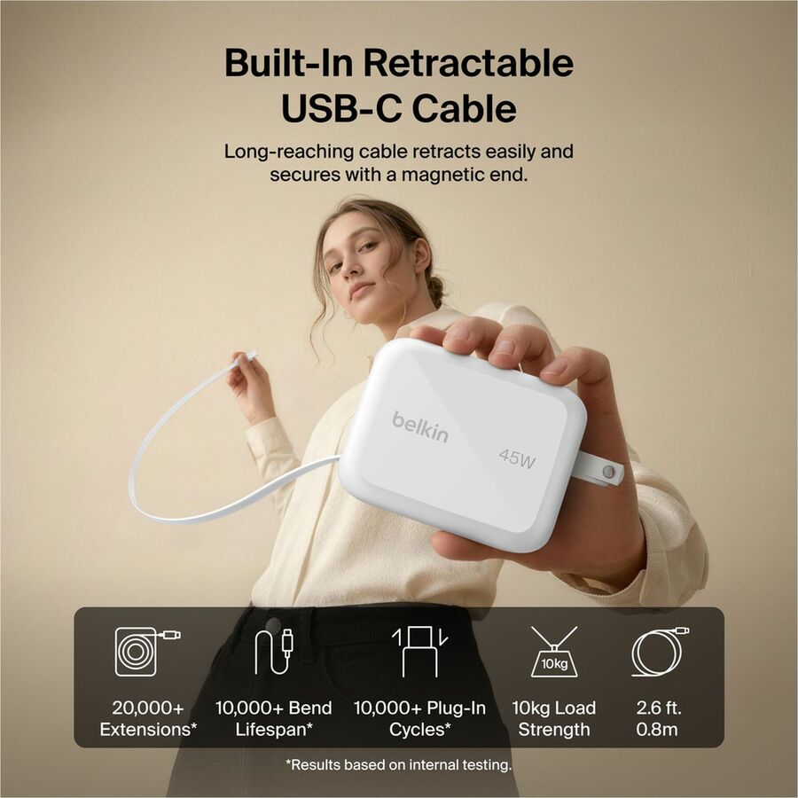 Belkin UltraCharge Retractable GaN Wall Charger 45W, White - WCH023dqWH