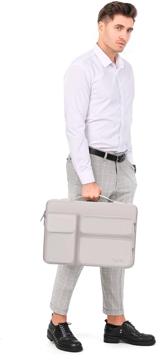 MOSISO 360 Protective Laptop Case 15 inch, Laptop Sleeve Compatible with MacBook Air 15 M4 A3241 M3 A3114 M2 A2941 2025-2023, Dell XPS 15, Side Open Bag with 2 Raised&1 Flapover Pockets, Stone Gray