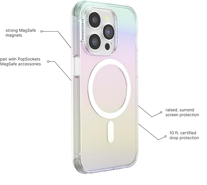 PopSockets iPhone 15 Pro Phone Case with MagSafe- Shimmer | Magnetic, Wireless Charging, Camera & Drop Protection, Rainbow, Colorful, iPad, Removable, Popper