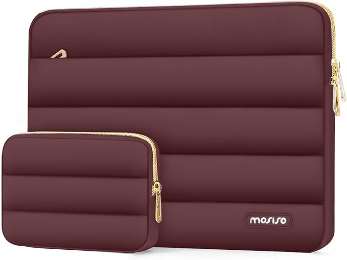 MOSISO 13.3 inch Laptop Case, 13-13.3 inch Puffy Laptop Sleeve Compatible with MacBook Air 13 13.6 M4 M3 M2 M1/Pro 13/Pro 14, HP Dell ASUS Lenovo,Polyester Horizontal Bag with Small Case, Wine Red