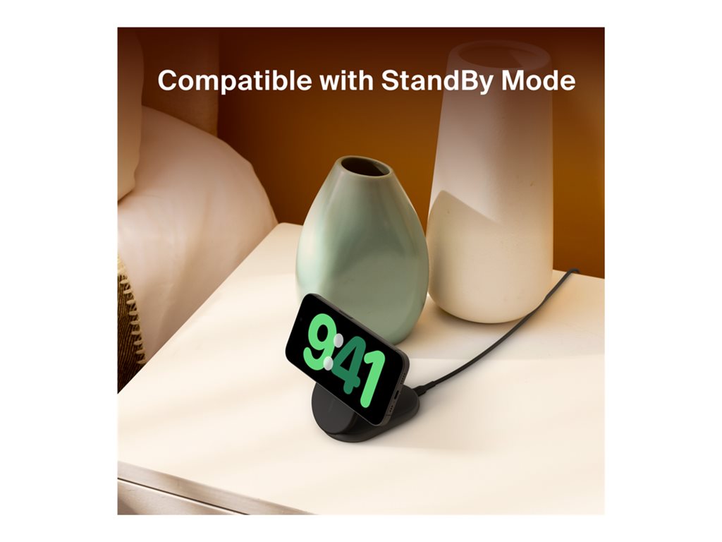 Belkin BoostCharge - Wireless charging stand - magnetic, foldable, with Qi2 + AC power adapter - 15 Watt - 3 A - Fast Charge, WIB007TTBK