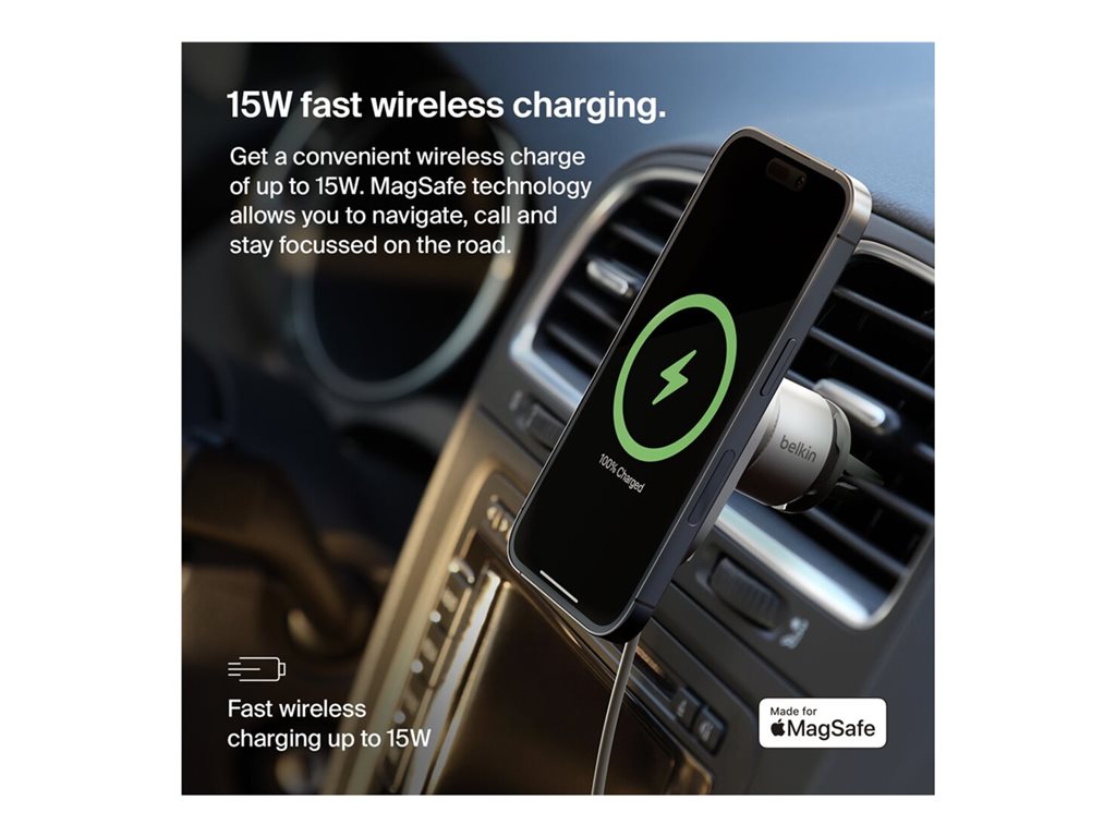 Belkin - Car wireless charging holder - magnetic with Qi2 + car power adapter - 15 Watt - Fast Charge - gray WIC008BTGR-V2