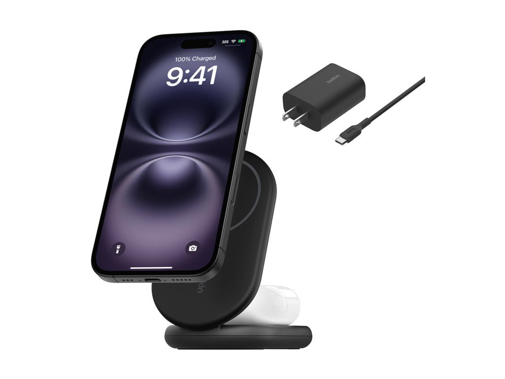 Belkin - Wireless charging stand - magnetic, foldable, with Qi2 + AC power adapter - 15 Watt - Fast Charge - black WIZ028TTBK