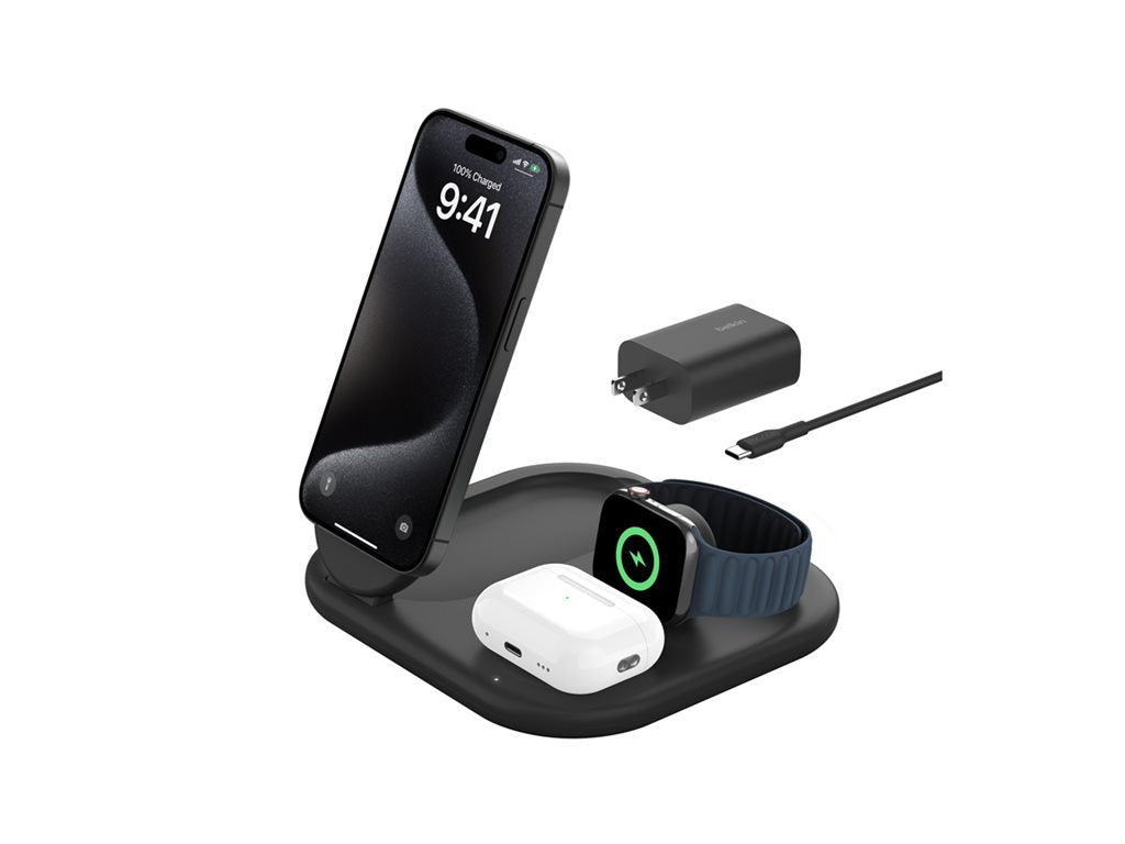 Belkin - Wireless charging stand - magnetic, foldable, with Qi2 + AC power adapter - 15 Watt - Fast Charge - black WIZ029TTBK