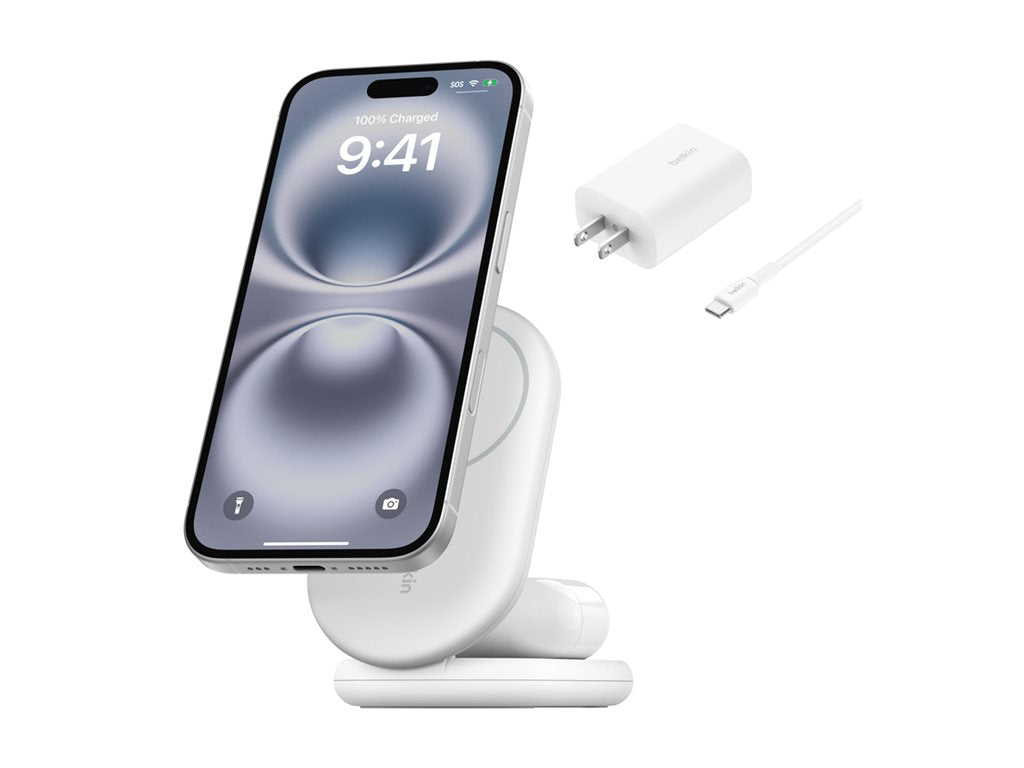 Belkin - Wireless charging stand - magnetic, foldable, with Qi2 + AC power adapter - 15 Watt - Fast Charge - white WIZ028TTWH