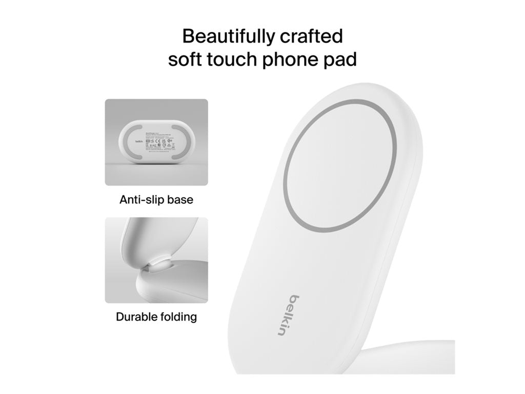 Belkin - Wireless charging stand - magnetic, foldable, with Qi2 + AC power adapter - 15 Watt - Fast Charge - white WIZ028TTWH