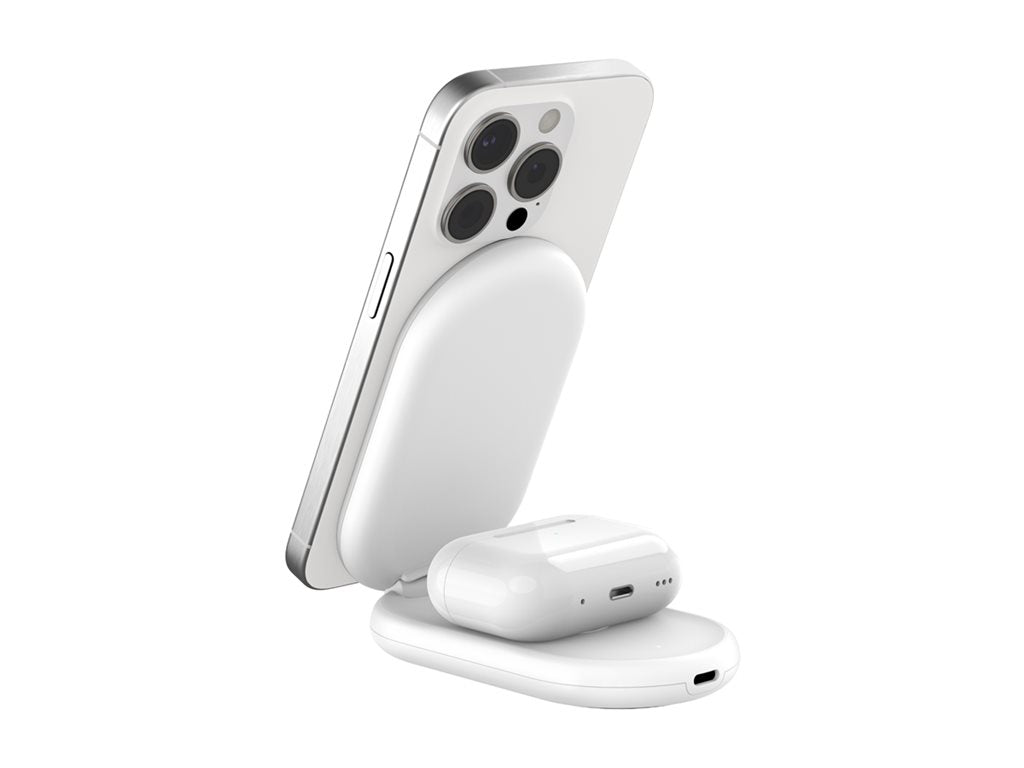 Belkin - Wireless charging stand - magnetic, foldable, with Qi2 + AC power adapter - 15 Watt - Fast Charge - white WIZ028TTWH