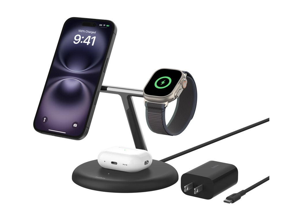 Belkin - Wireless charging stand - magnetic with Qi2 + AC power adapter - 15 Watt - Fast Charge - black WIZ023TTBK