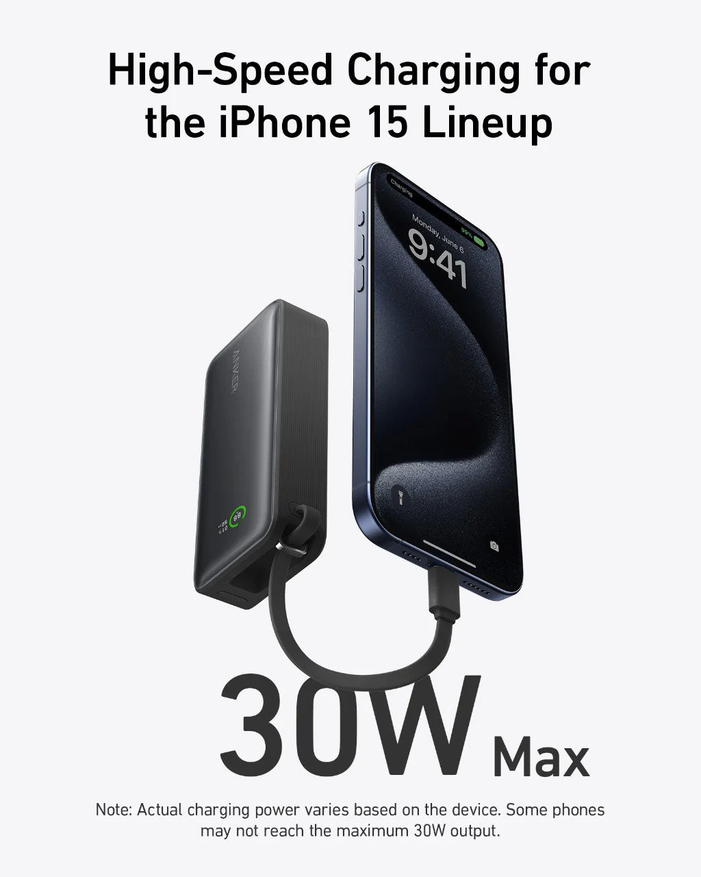 Anker Nano 10K mAh 30W Power Bank W/ Built-In USB-C Cable - Black